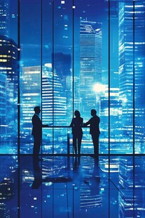 商务人士于都市夜景前交流