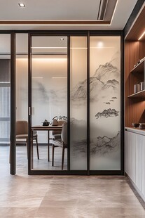 中式山水玻璃隔断雅致空间