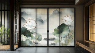 中式水墨荷花移门装饰