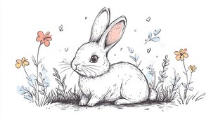 可爱白兔静卧花草间