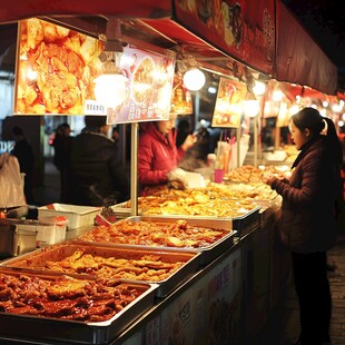 夜市小吃摊前的美食时光