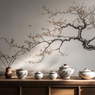 中式茶具与水墨风装饰画