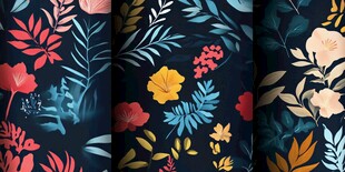 深蓝底多彩花卉植物图案