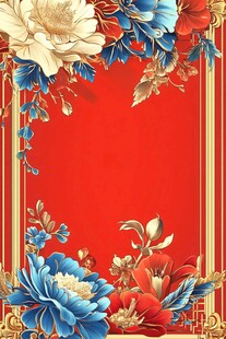 中式红底花卉边框背景图