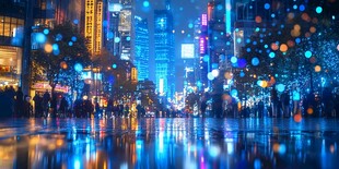 都市雨夜霓虹璀璨街景