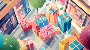 街道上堆积的多彩礼物盒