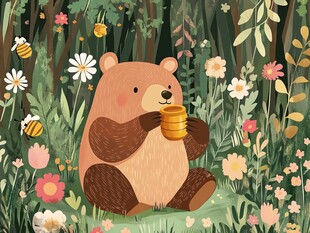 森林小熊惬意享蜂蜜