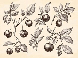 复古手绘樱桃枝叶果实图