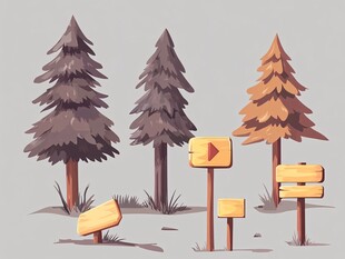 森林中的木质指示牌元素