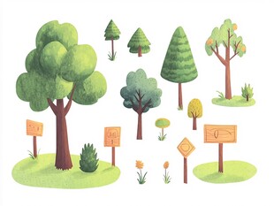 卡通风格多样树木与标牌