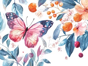 水彩花卉蝴蝶美丽插画
