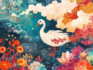 梦幻仙鹤置身繁花云海间