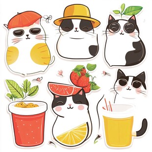 可爱猫咪与水果饮品贴纸