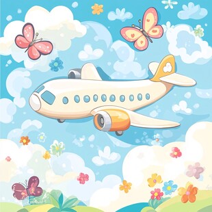 卡通飞机在花丛蝶群中飞行