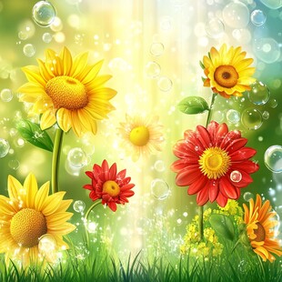 阳光草地间的绚丽花朵