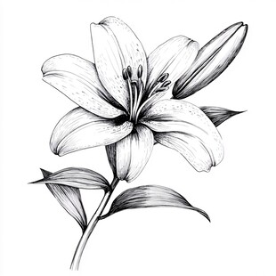手绘百合花黑白线条图