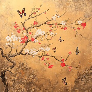 金底红梅彩蝶图