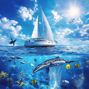 海上帆船与海洋生物奇幻景