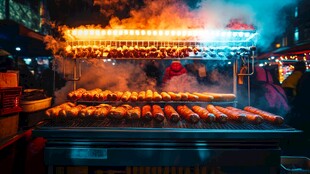 夜市烤肠摊 烟火气满满