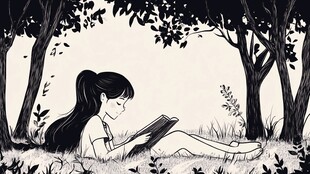 女孩林间惬意阅读时光