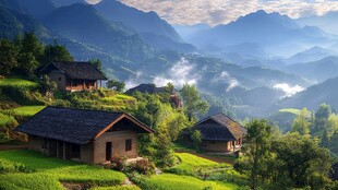 山间村落晨景 静谧美好