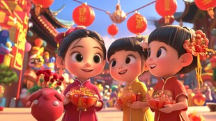 欢乐女孩庆春节喜庆场景