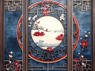 中式古典屏风上的花鸟景致