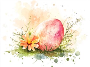 水彩绘复活节彩蛋与小花