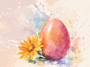 水彩绘彩蛋与绽放小花