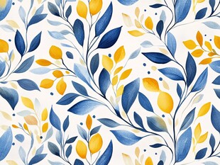 蓝黄枝叶水彩花卉图案