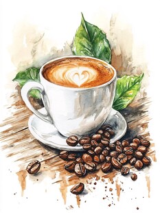 手绘卡布奇诺咖啡与咖啡豆