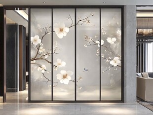 中式玉兰花玻璃隔断屏风