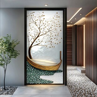中式玄关树船艺术玻璃画