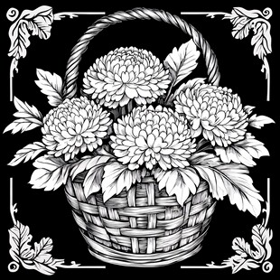花篮中的菊花黑白插画
