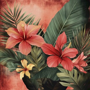 热带花卉与绿叶装饰画