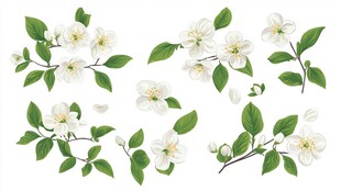 白色花朵枝叶插画素材