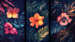 热带花卉与叶片装饰画