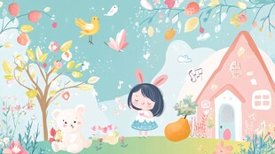 女孩与萌宠的春日梦幻场景