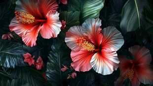 艳丽朱槿花与繁茂绿叶