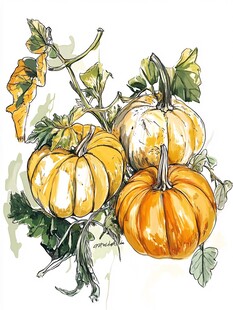 水彩绘三南瓜带枝叶