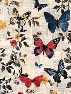 复古风蝴蝶花卉报纸背景图