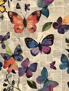 报纸底纹上的多彩蝴蝶图案