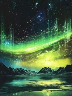 梦幻极光下的山水星空夜景