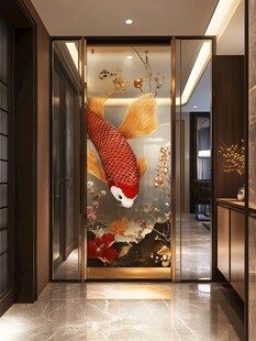 中式玄关锦鲤艺术玻璃画