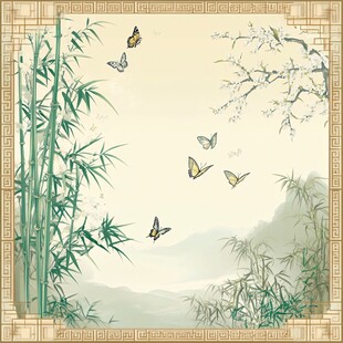 竹蝶雅韵中式山水图景