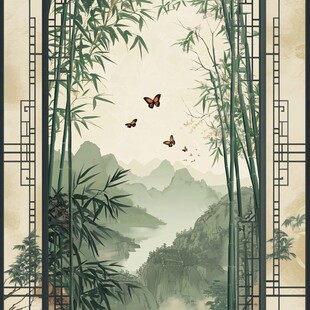 竹间蝶舞山水诗意画境