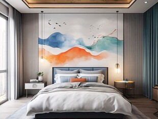 新中式卧室 艺术山水背景墙