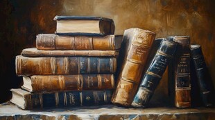 复古堆叠旧书籍油画