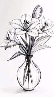 黑白素描花瓶中的百合花