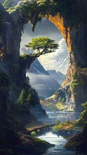 奇幻山间洞景 孤松立峭壁